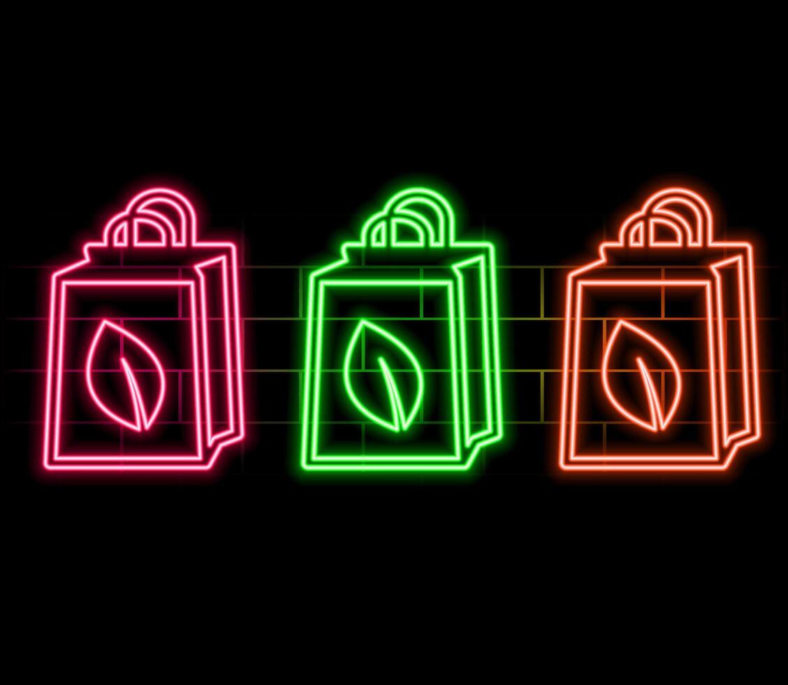 Futuristic glowing low polygonal paper shopping bag with green leaf isolated on dark blue background. Eco shopping concept. Modern wireframe design vector