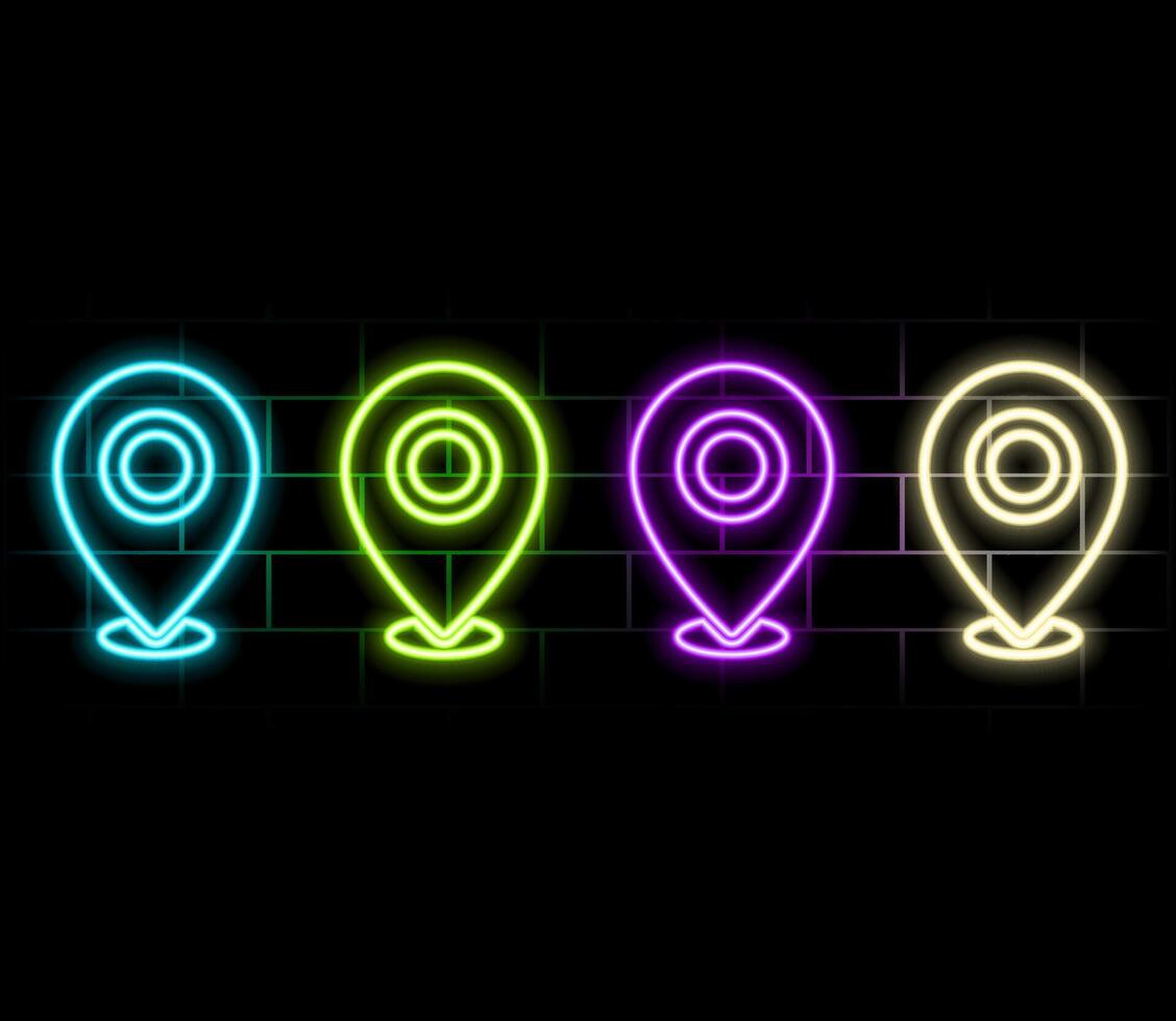 Neon map pin icon. Glowing neon marker sign. neon glowing Location pin, GPS navigator geotag locator mark of map, futuristic technology.green vector