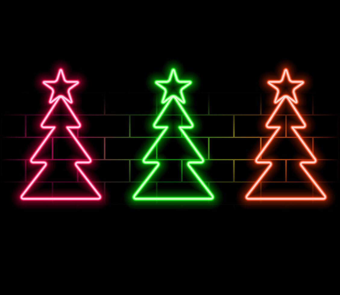 Neon green Christmas Tree shape on brick wall background. Symbol of new year and christmas. Bright shiny design..pink vector