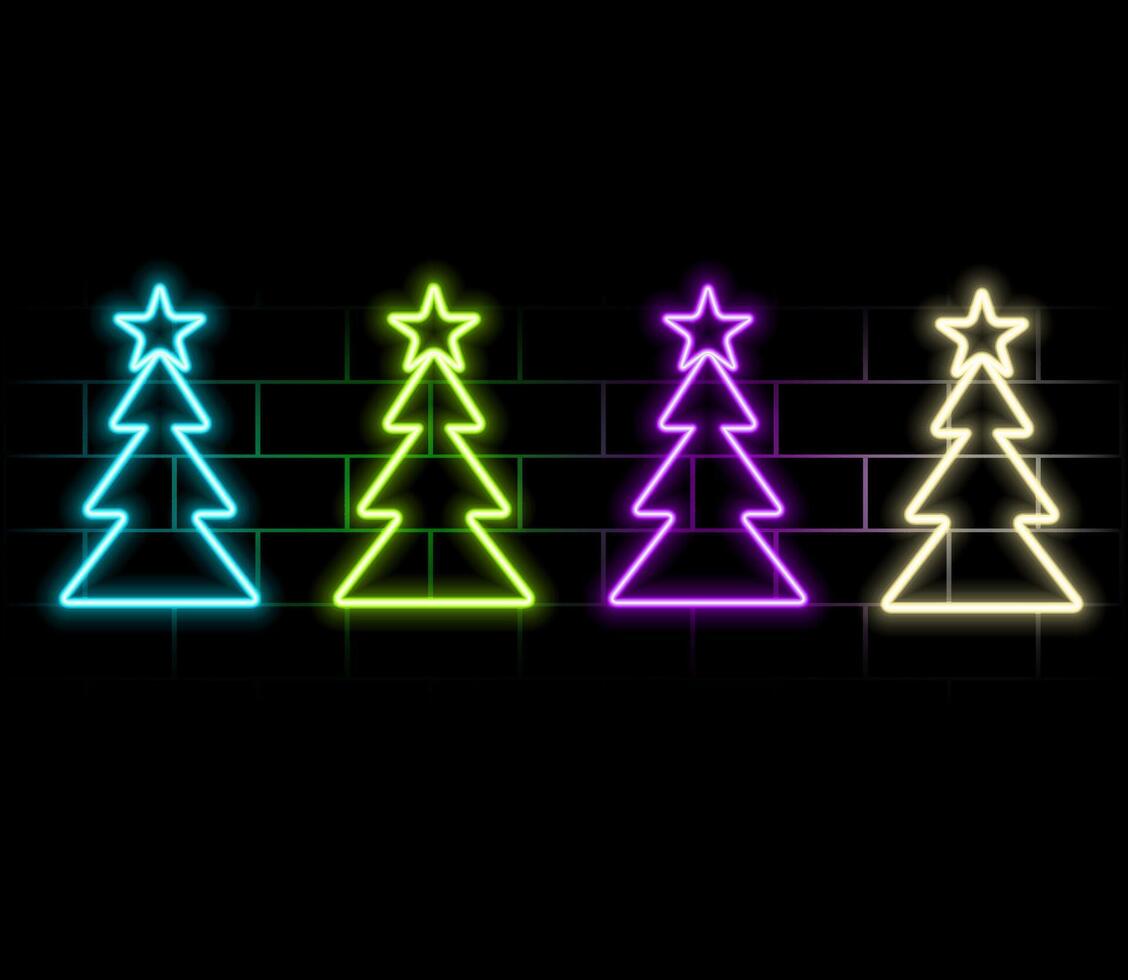 Neon green Christmas Tree shape on brick wall background. Symbol of new year and christmas. Bright shiny design..green vector