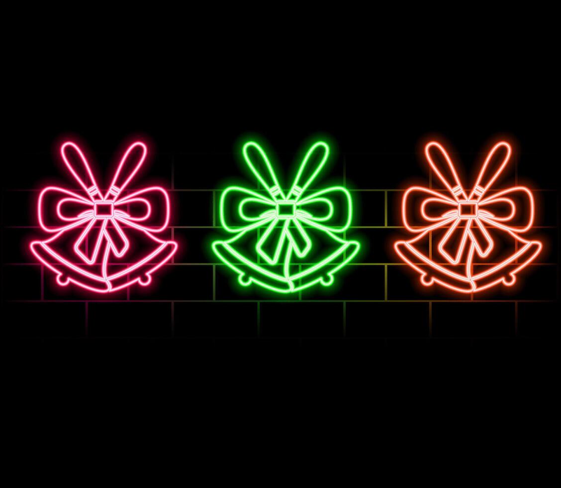 Glowing neon line Merry Christmas ringing bell icon isolated on black background. Alarm symbol, service bell, handbell sign, notification. .pink vector