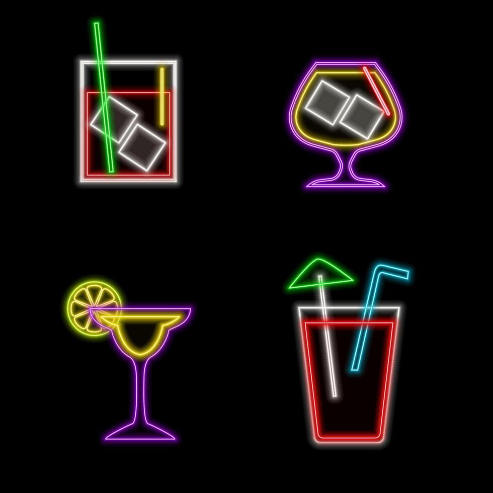 Neon sign of tequila bar with bottle and drink in glass in circle frames with alphabet on dark brick wall background. Mexican alcohol drink pub emblem in neon style. illustration. vector