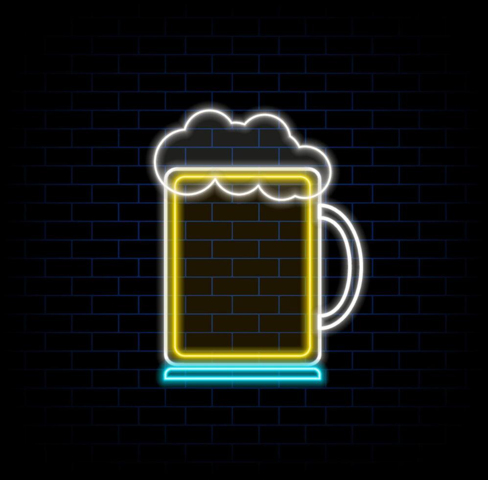 Bright and colorful retro neon sign depicting mug of beer with foam and the word pub against a dark brick wall vector