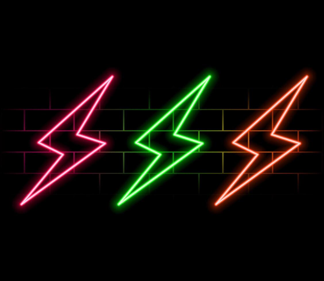 Lightning bolt set neon signs. high-voltage neon symbol, light banner design element modern trend, night bright advertising, bright sign. design. vector