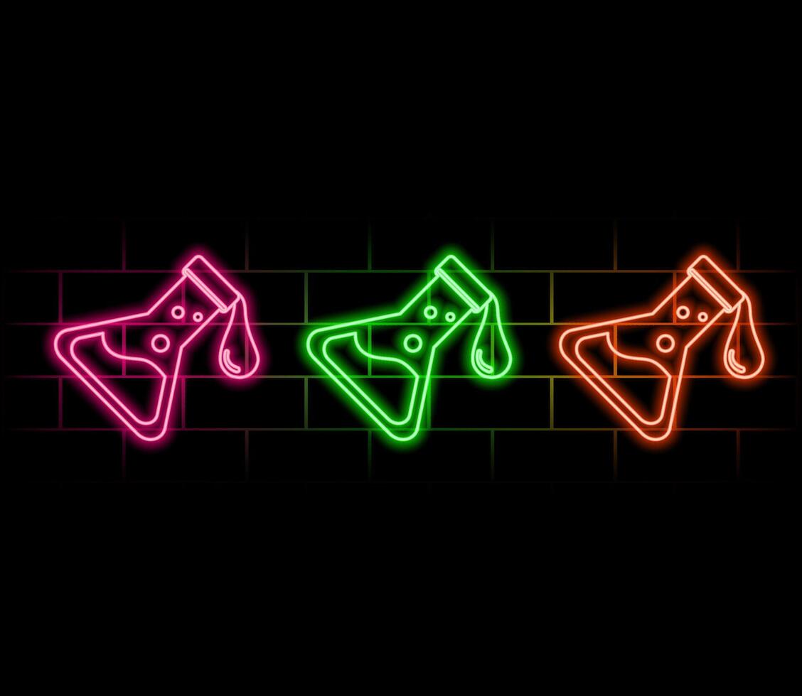 Glowing neon Test tube and flask chemical laboratory test icon isolated on brick wall background. Laboratory glassware sign. vector
