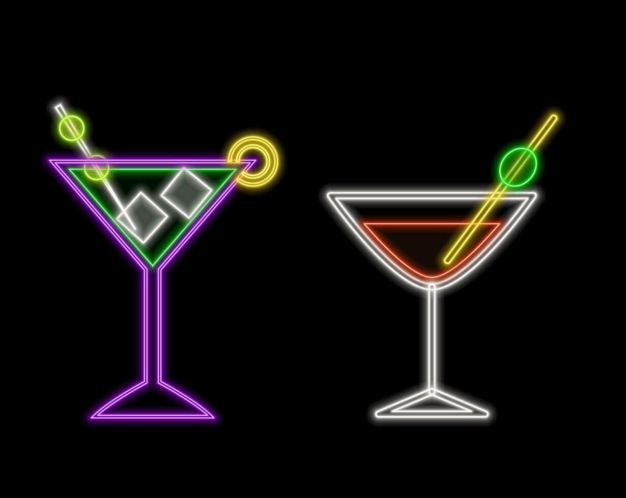 Cocktail neon frames in line art style on pink background. Bright summer poster. Neon sign. vector