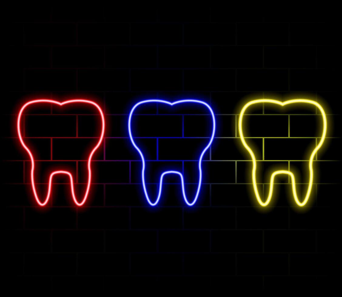 Neon tooth icon. Glowing neon tooth sign, outline dentist pictogram in vivid color. Oral health care, teeth diagnostics, check and treatment teeth, stomatology. icon set, sign, symbol for UI vector