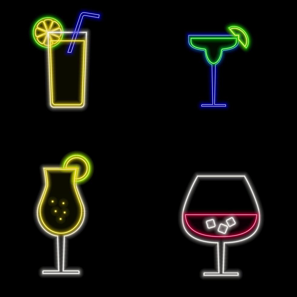 Neon sambuca cocktail sign in circle frame with alphabet. Glowing gas advertising with glass of alcohol shake. Drinking canteen banner. Night club invitation. illustration. vector