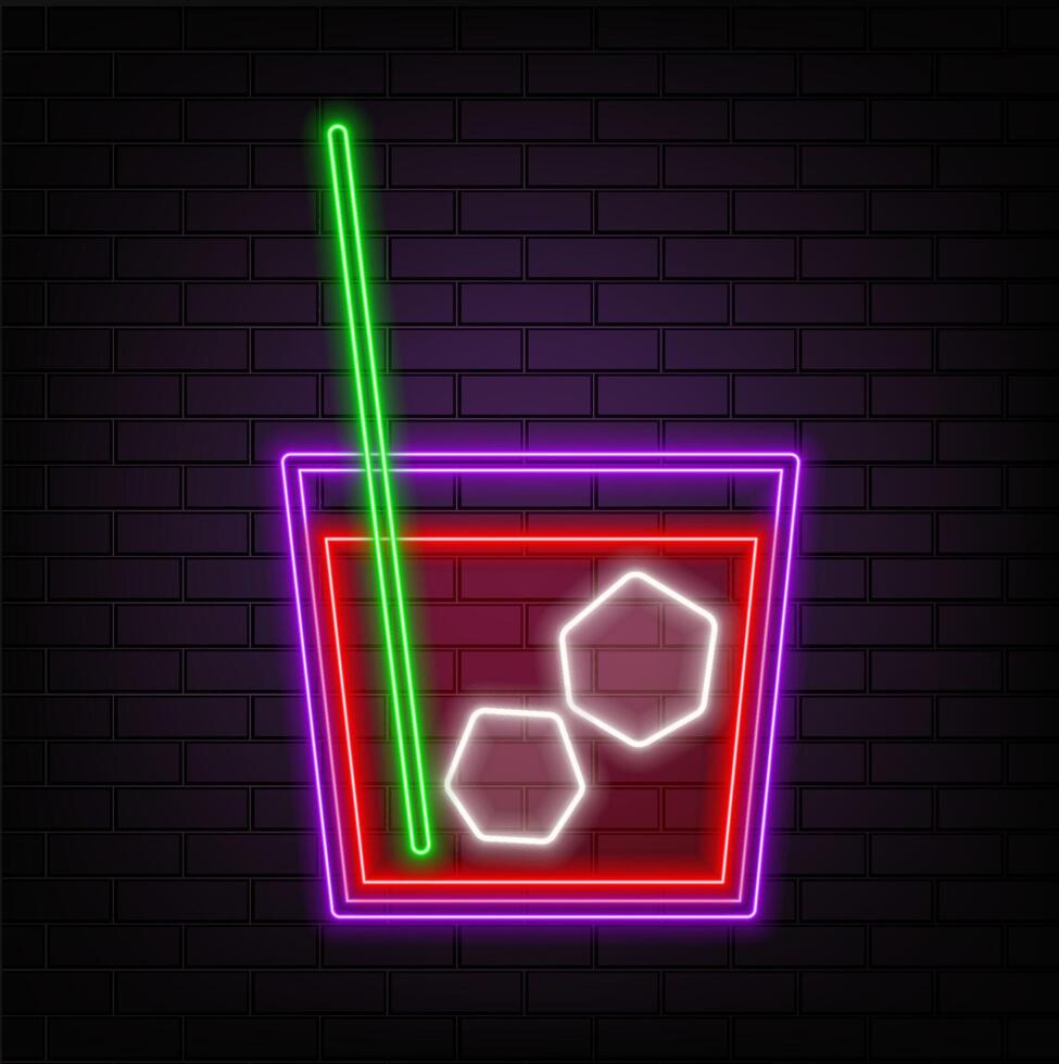 Cocktail Margarita Neon Design Element. Glass of Cocktail with Lime. Cocktail Bar, Pub. Popular Alcoholic cocktail. Glowing illustration of Drinks promotion. vector