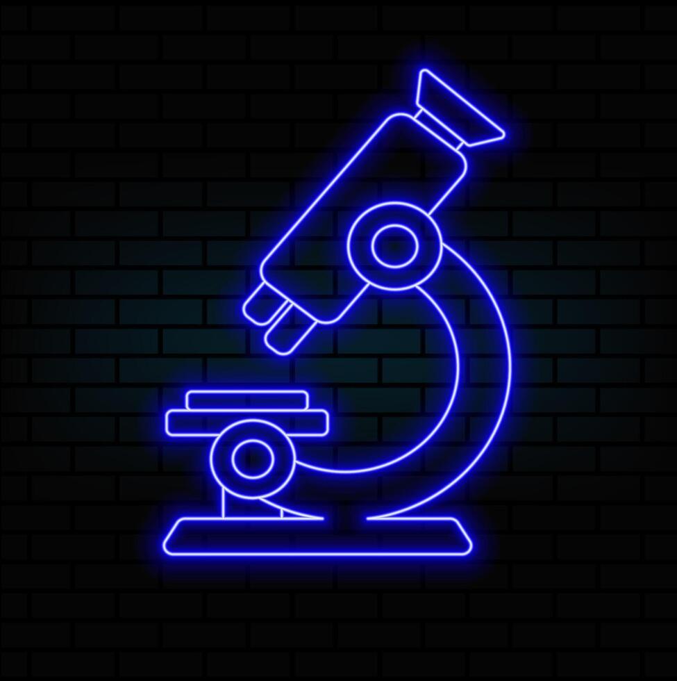Microscope neon sign. Bright glowing symbol on a black background. Neon style icon. vector