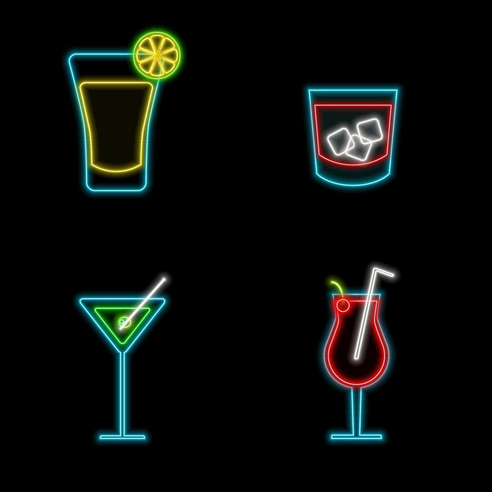 Bar neon template. Glowing lettering Bar and cocktail violet purple glass. martini beverage with olive and straw . isolated on black background. vector