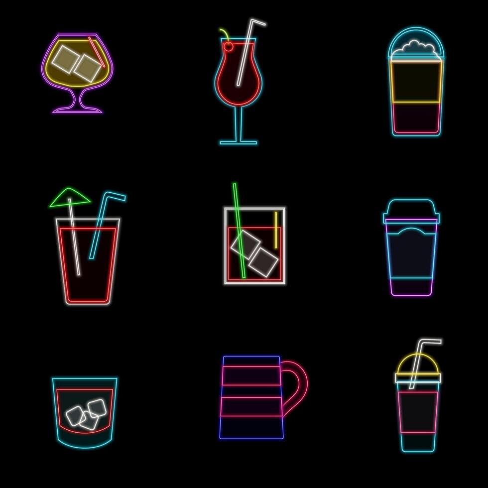 Neon cocktail bar and cafe glowing sign with geometrical frame on a brick wall background. Glow gas advertising with glass of cocktail. Drinking canteen banner. illustration. vector