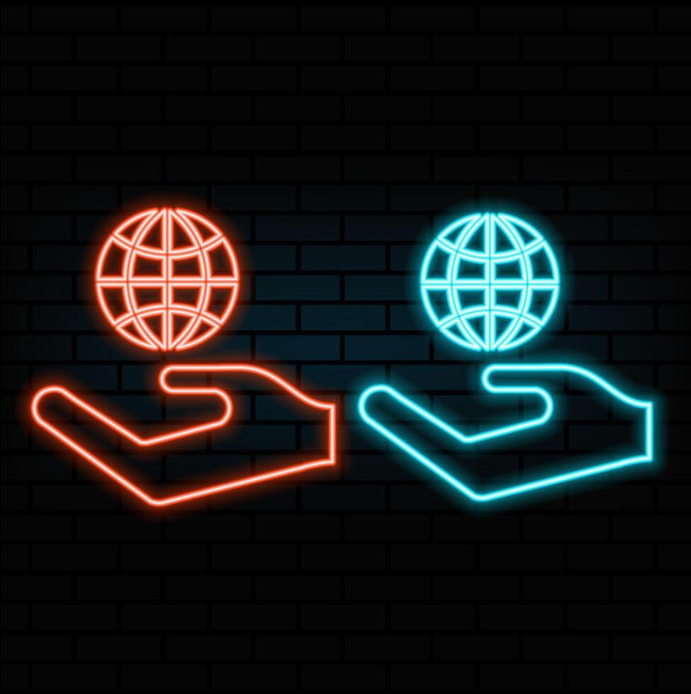 Neon light glow effect. Global business line icon. International outsourcing sign. Internet marketing symbol. 3d line neon glow icon. Brick wall banner. Global business outline. vector