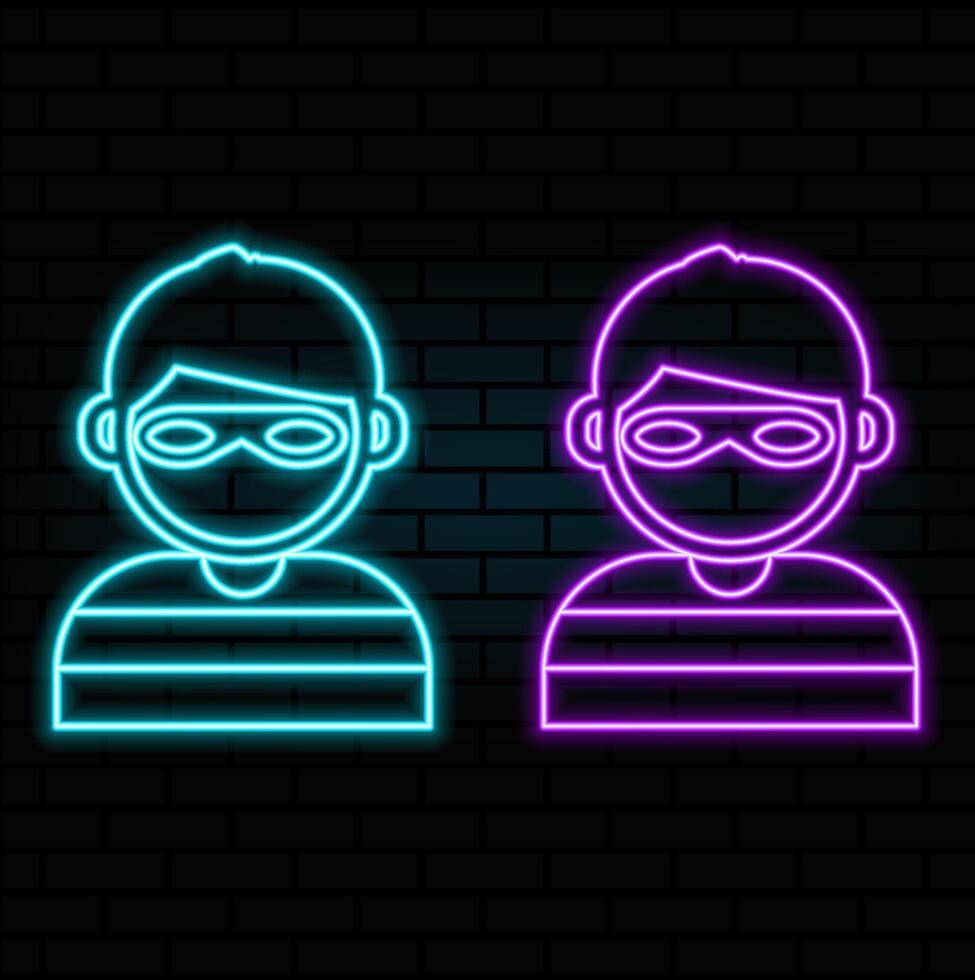 Outline neon hacker icon. Glowing neon hacker with hood, cyber criminal and thief pictogram. Theft personal data and fraud, cyber attack and crime, hacking social media account, scam. icon set vector