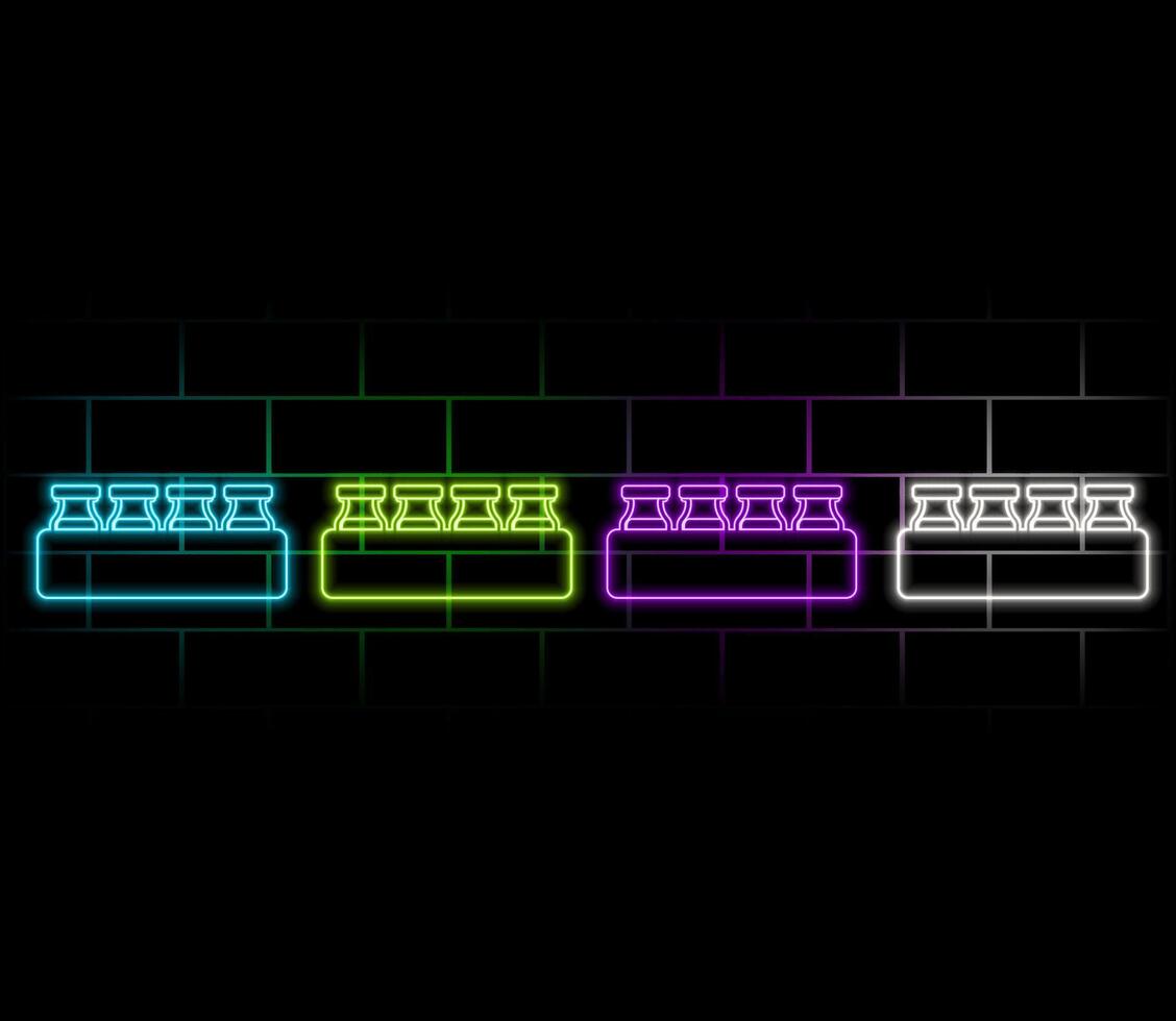 Neon syringe and covid-19 vaccine vial icons isolated on black background. Vaccination, coronavirus pandemic, treatment concept. Night signboard style. Illustration. vector