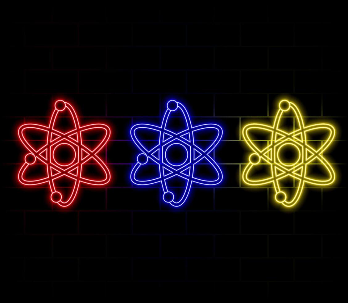 Atom icon. Neon light atomic neutron. Atom blue color. Nuclear atom. 3d cell nucleus. Molecule fusion. Orbit spin. Proton core symbol. Ion element. Science physics. Energy core. illustration vector