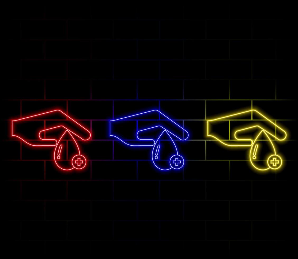 Hand sanitizer, Water drop and Volunteer minimal line icons. Neon laser 3d lights. Fahrenheit thermometer icons. For web, application, printing. Hygiene care, Serum oil, Hospice care. vector