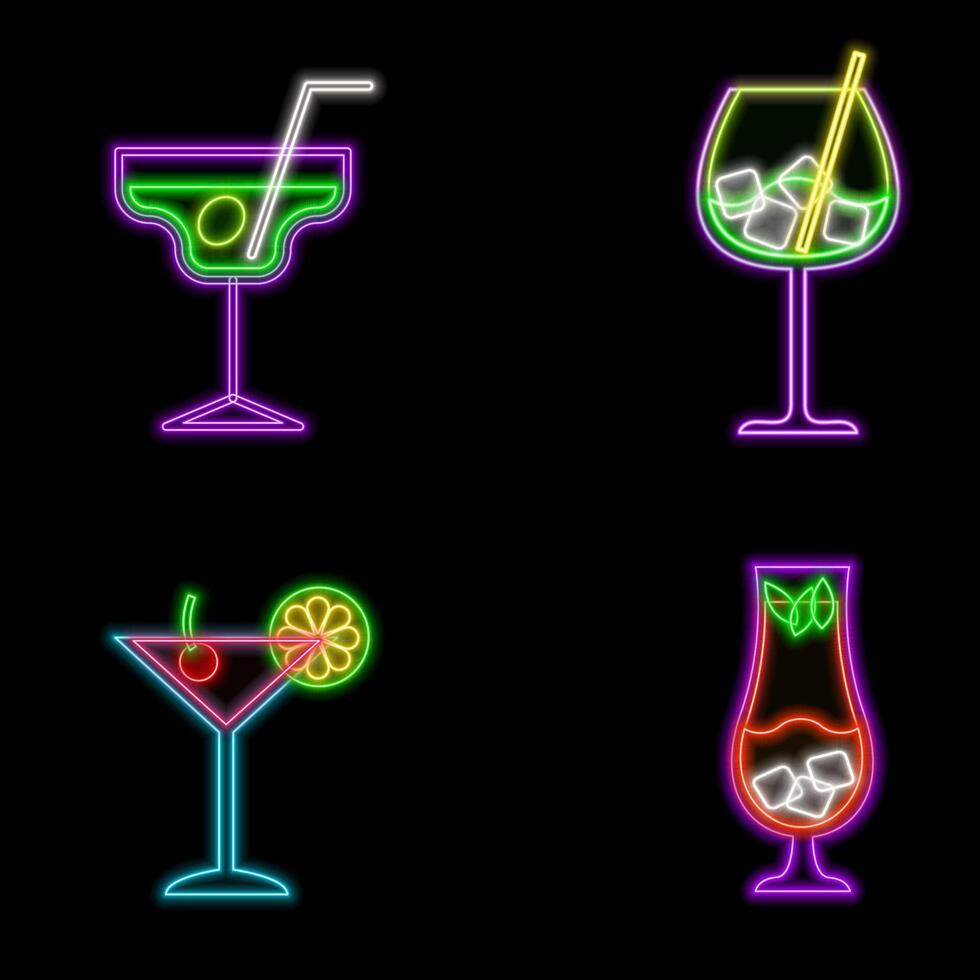 Bar and alcohol drinks neon signs on dark background set vector