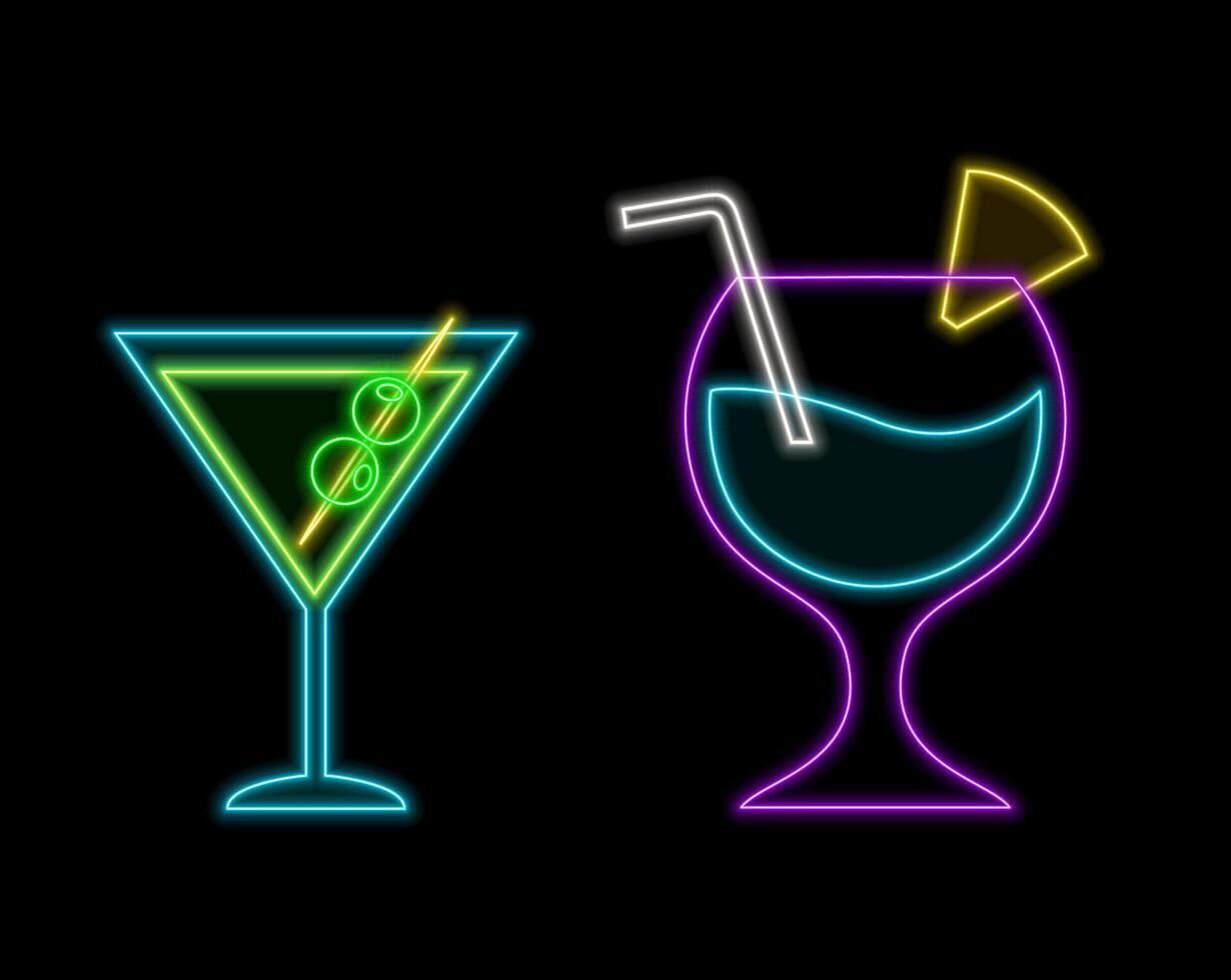Cocktail Cosmopolitan Neon Design Element. Cocktail with lime, lemon. Party concept. Glowing illustration of Drinks promotion. vector