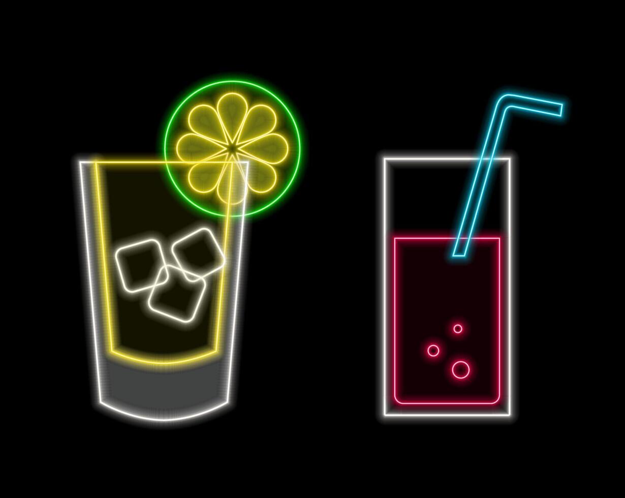 Neon alcohol drinks signs isolated on brick wall. Coctail light symbol, decoration effect. Neon drinks illustration. vector