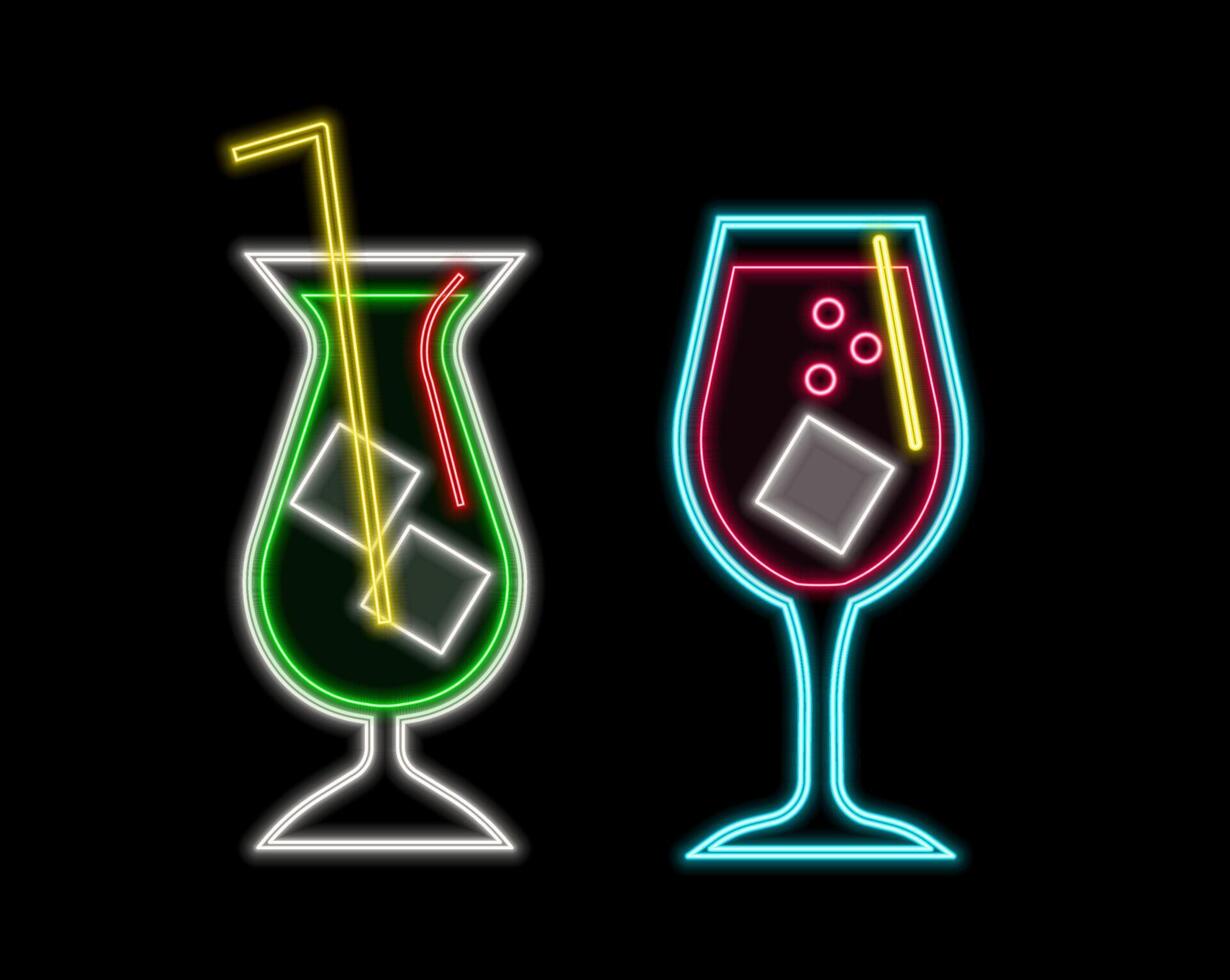 Cocktail Margarita, Blue Hawaiian,Mojito,Bloody Mary, Cosmopolitan and Tequila sunrise neon sign on brick wall background. vector