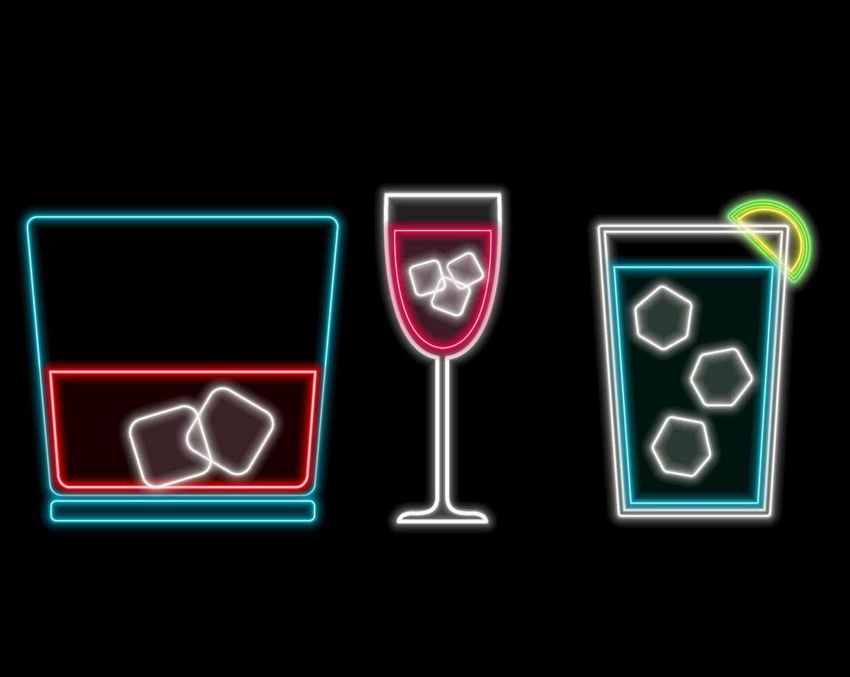 Set of cocktail neon emblem. illustration. Neon sign for banner, billboard, promotion or advertisement. Elements on the theme of the restaurant business. vector