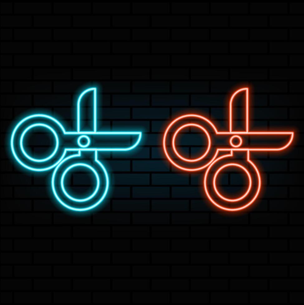 Glowing neon line Scissors icon isolated on brick wall background. Cutting tool sign. Illustration vector