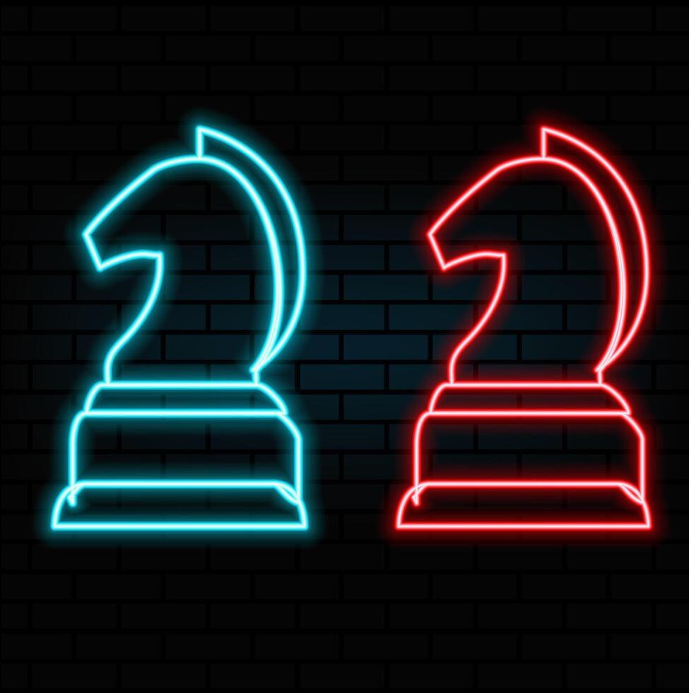 Image of a Chess Knight made of neon lamps on a background in the form of a dark brick wall. Hand of Horse with bright neon light. vector