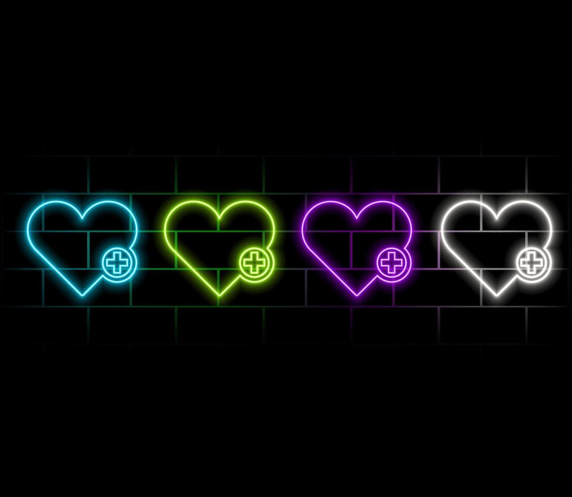 Heart, cross and cardiogram neon sign. Medicine, cardiology and healthcare concept. Advertisement design. Night bright neon sign, colorful billboard, light banner. illustration in neon style. vector