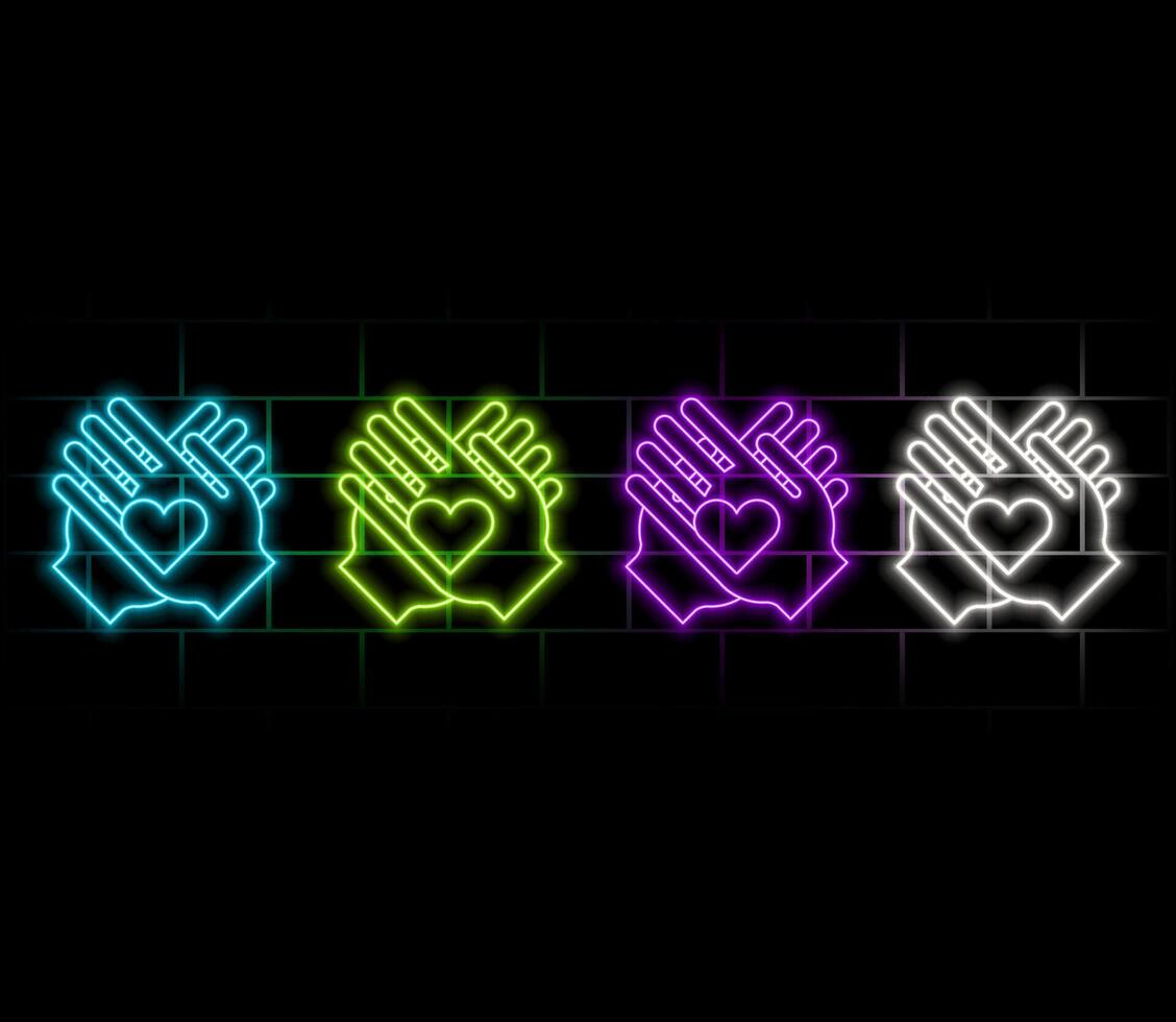Neon signs Love and care. An illuminated sign with a hand with a heart. Trendy modern design neon signs, bright night advertising, light banners and installations in light art style. vector