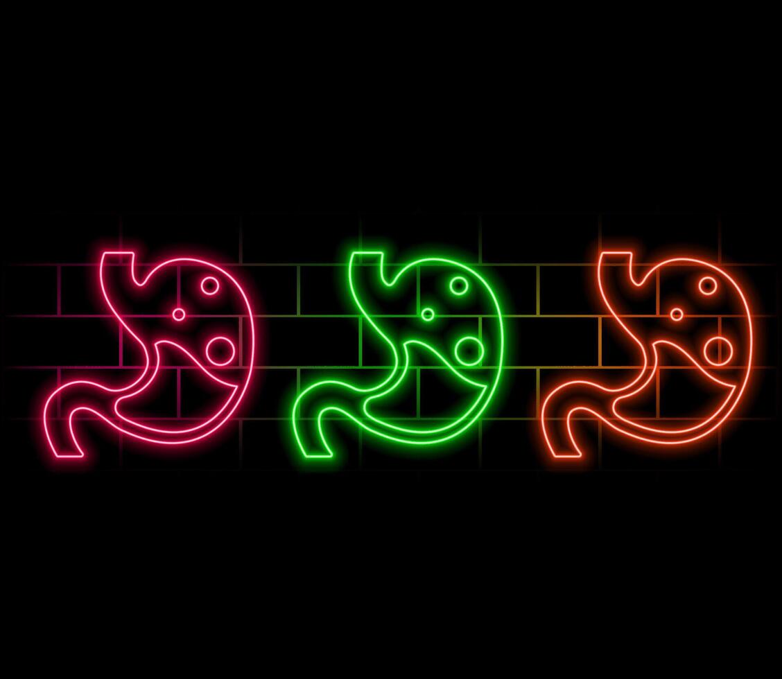 Neon stomach icon in line style. Human stomach sign. Illuminated neon line human stomach icon isolated on black background. vector