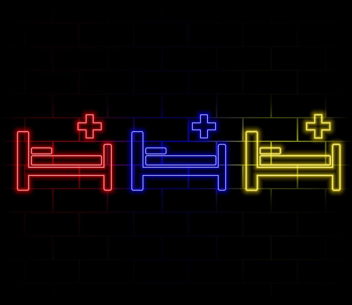 Glowing neon Hospital Bed with Medical symbol of the Emergency - Star of Life icon isolated on brick wall background. Neon light alphabet. vector
