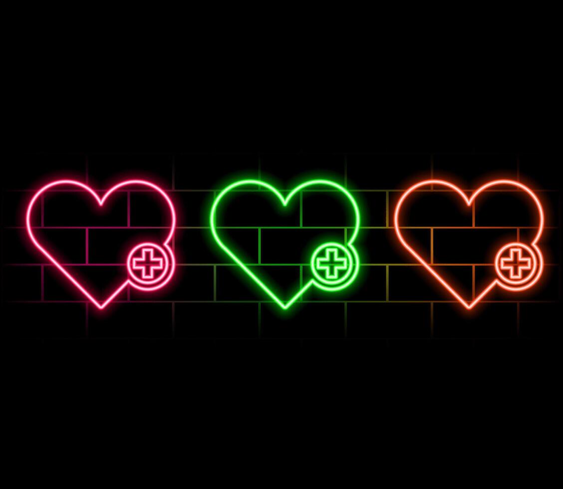 Color illustration of a neon heart with a cross squared on a brick background. illustration on the theme of health day. Medical Facility Advertising vector