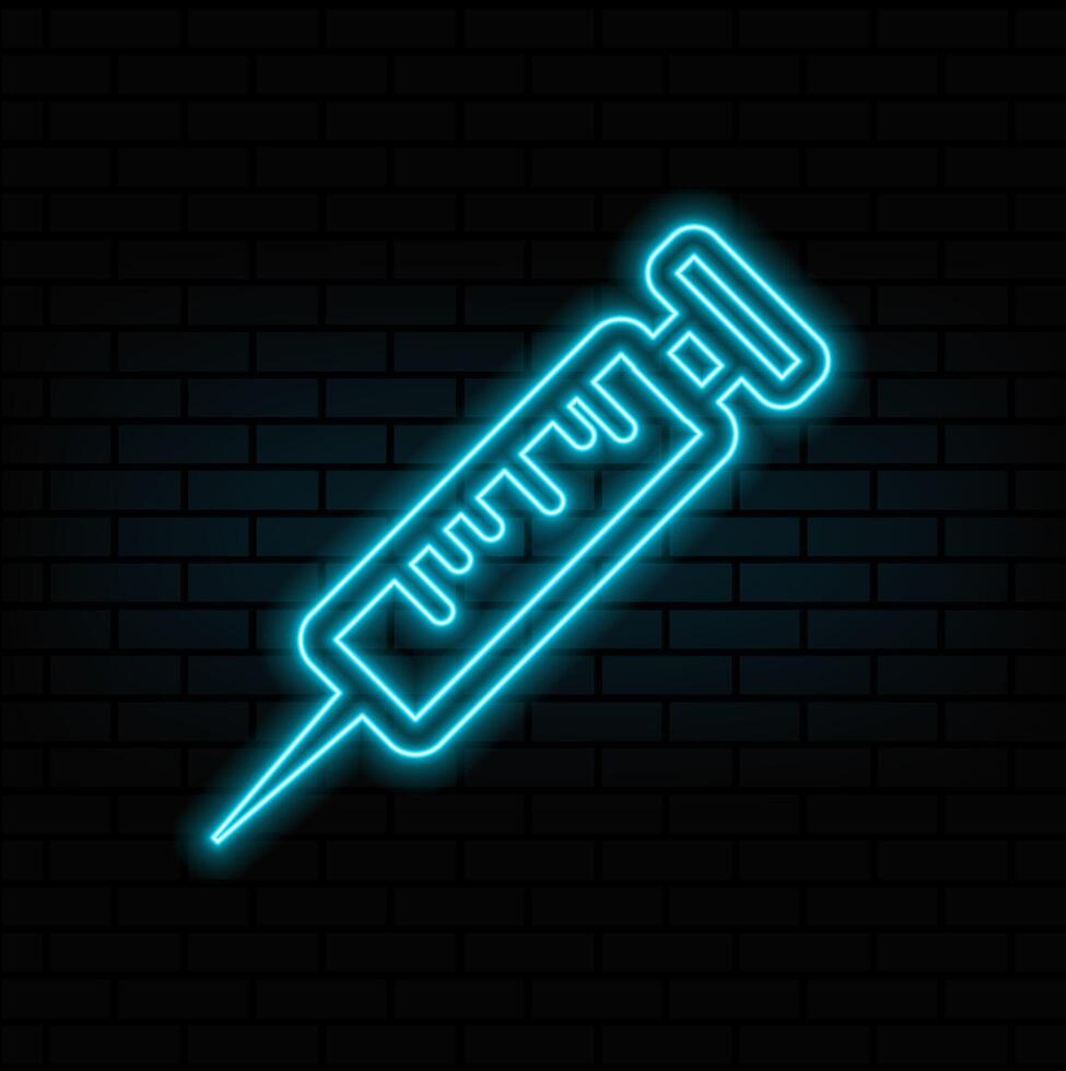 Glowing neon Syringe with serum icon isolated on brick wall background. Syringe for vaccine, vaccination, injection, flu shot. Medical equipment. vector