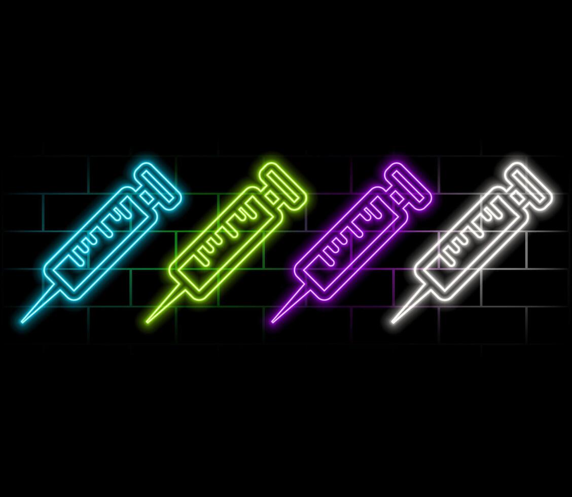 Glowing neon Crossed syringe icon isolated on brick wall background. Syringe for vaccine, vaccination, injection, flu shot. Medical equipment vector