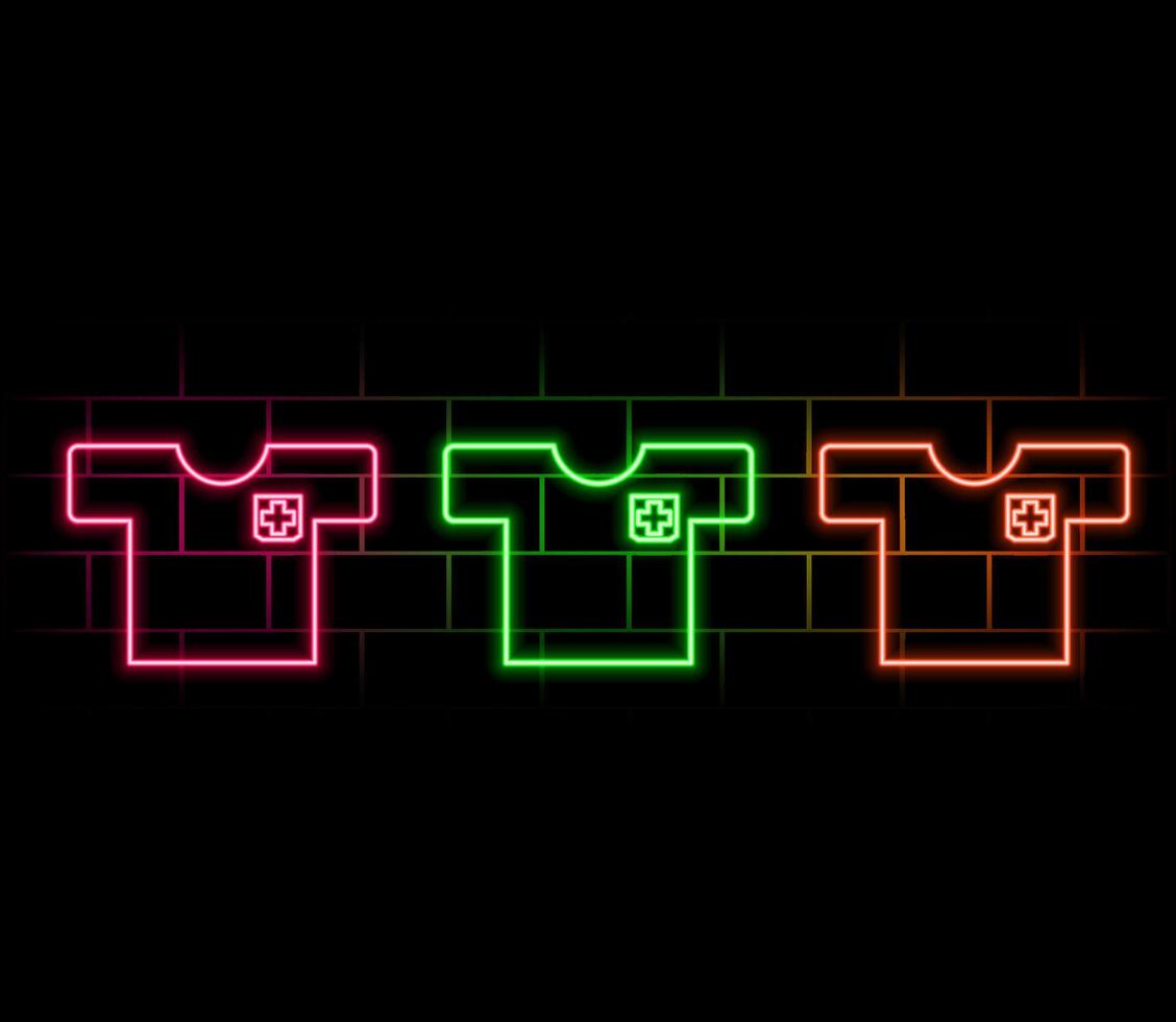 Glowing neon line Laboratory uniform icon isolated on brick wall background. Gown for pharmaceutical research workers. Medical employee equipment. vector