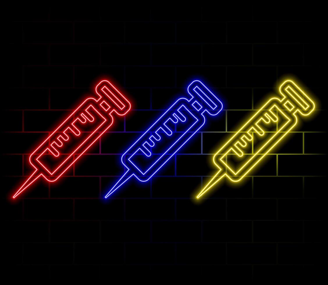 Glowing neon line Syringe with serum icon isolated on brick wall background. Syringe for vaccine, vaccination, injection, flu shot. Medical equipment. vector