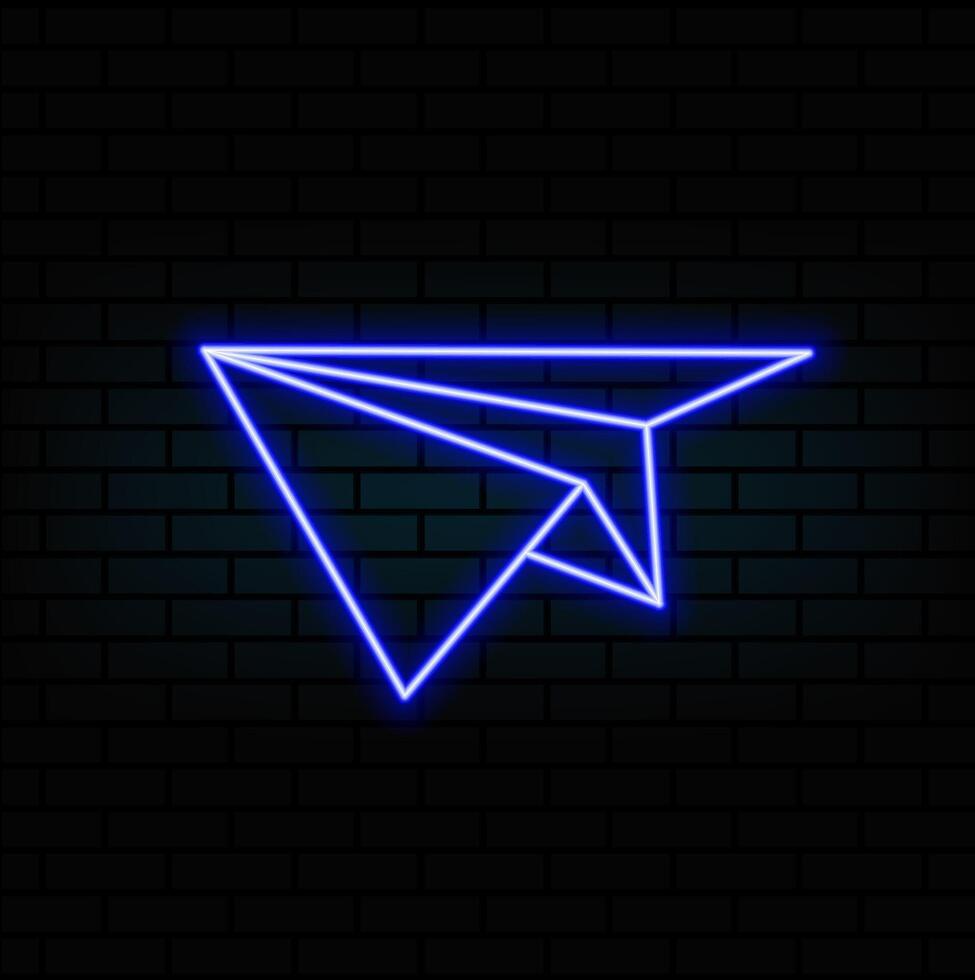 paper plane. origami glider. Orange neon style on black background. Light icon vector