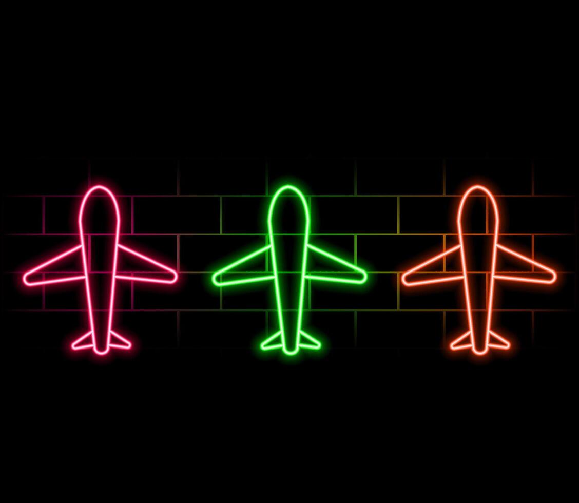 Outline neon airplane icon. Glowing neon plane sign, aircraft pictogram in vivid colors. Personal airplane, private jet, air journey and transportation, flight. icon set, symbol for UI vector