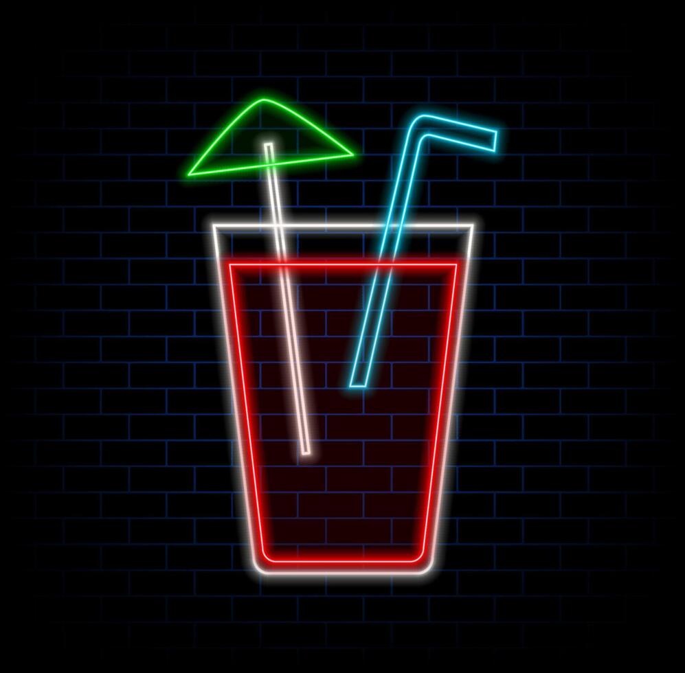 Soft drinks neon sign. Glass of lemonade with ice cube on brick wall background. illustration in neon style for family cafe and restaurant vector