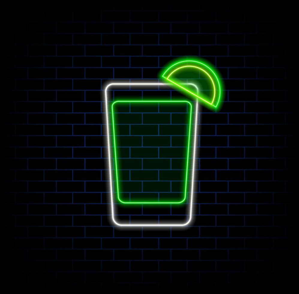 Neon memphis style aperol spritz cocktail. Served in glass cocktail bar sign. Geometric style illustration on brick wall background. vector