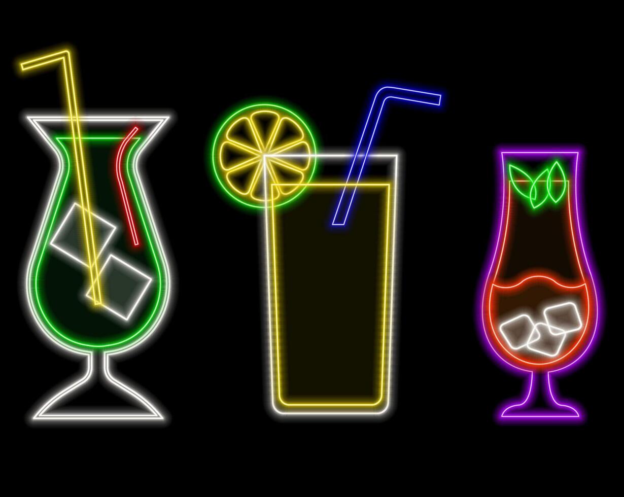 Join us neon text with exotic cocktails. Summer and vacation design. Night bright neon sign, colorful billboard, light banner. illustration in neon style. vector