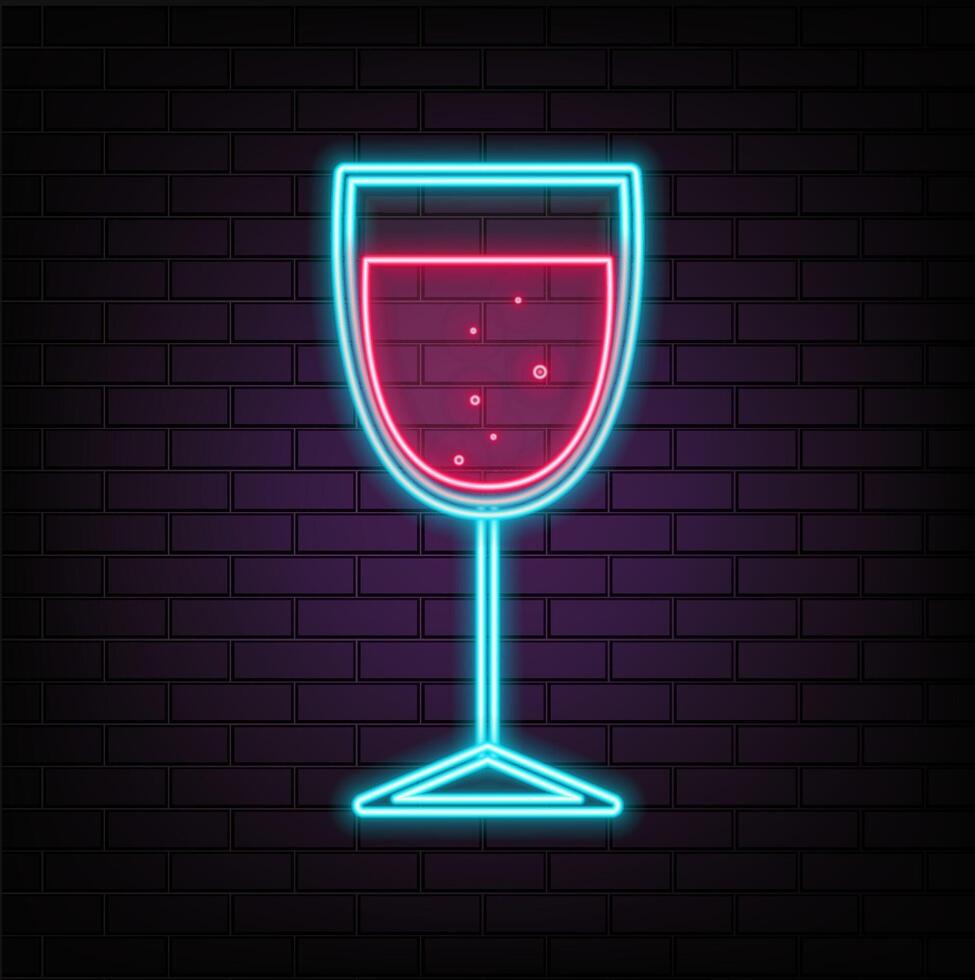 Wine neon sign, bright signboard, light banner. Glass and a bottle of wine logo neon, emblem. illustration vector