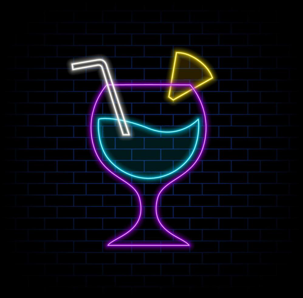 Cocktails neon sign with glass, drinking straw and lime, bright signboard, light banner on stylish brick wall. vector