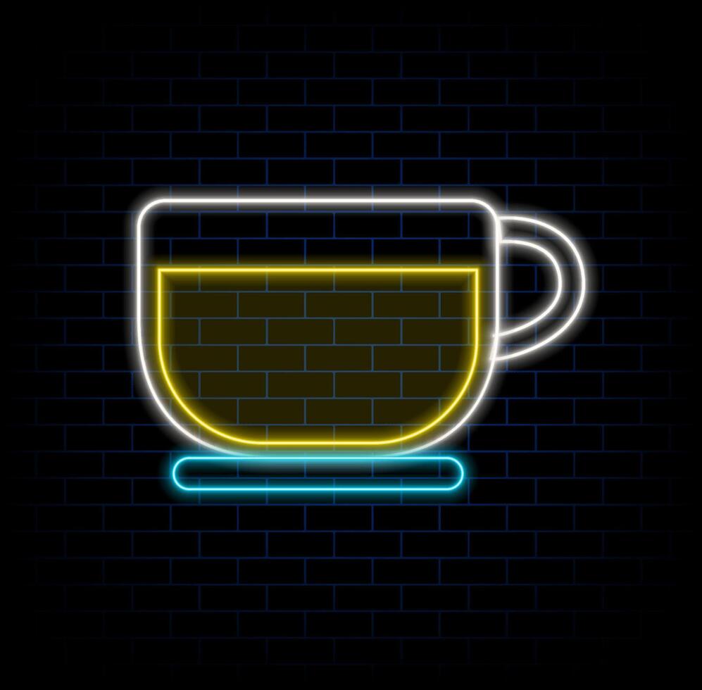 Cup of tea simple icon. Project plan. Blue neon style on button. With shade. vector