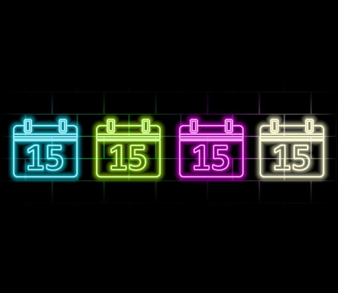 luminous neon 15 data calendar. brick background. purple color. vector
