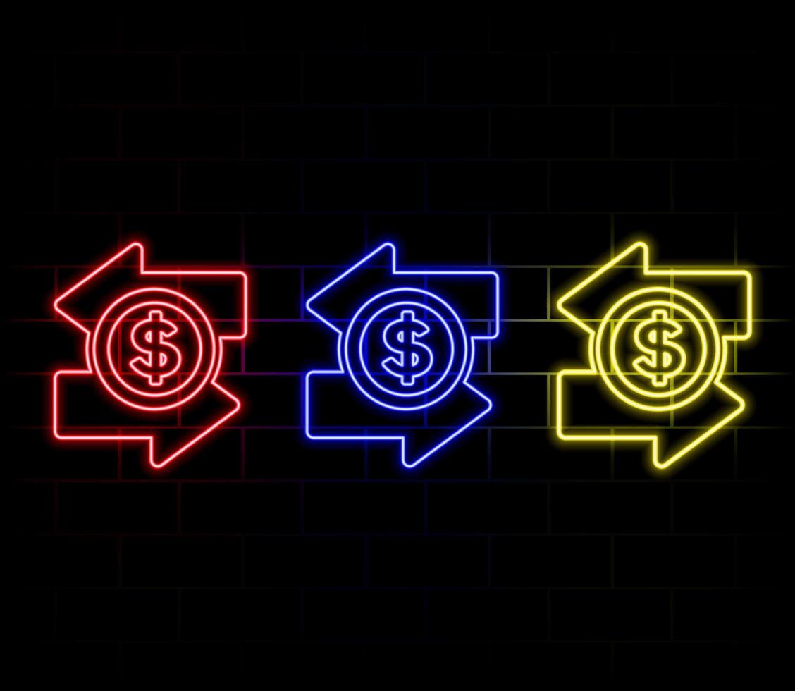 Neon light speech bubble. Bitcoin exchange line icon. Cryptocurrency coin sign. Dollar money symbol. Neon light background. Bitcoin exchange glow line. Brick wall banner. vector