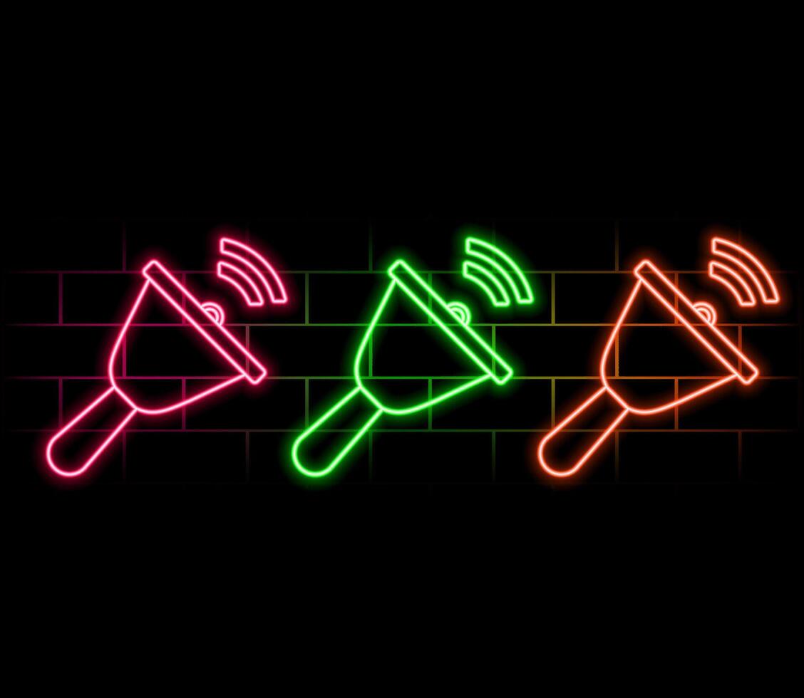 Neon light speech bubble. Bells line icon. Alarm reminder sign. Notification symbol. Neon light background. Bell glow line. Brick wall banner. vector