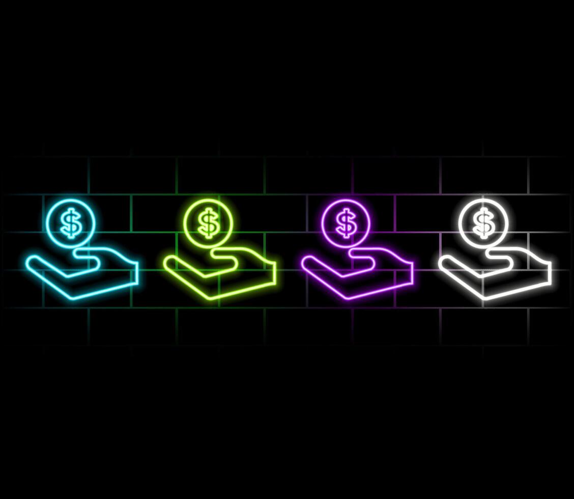 Abstract glowing neon investment icon. Dollar sign with hand on business growth icon animation on black background vector