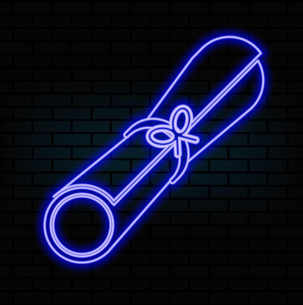 Glowing neon line Certificate template icon isolated on brick wall background. Achievement, award, degree, grant, diploma concepts. Business success certificate. Illustration vector